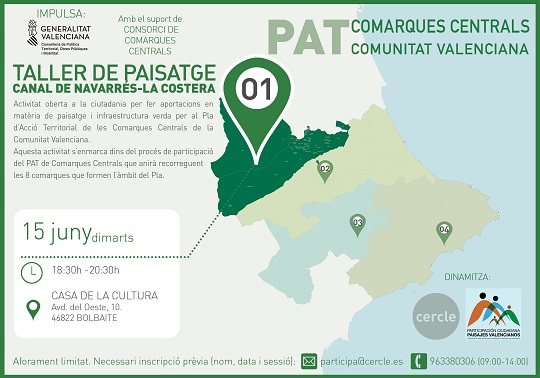 Poster designed for dissemination. Map of the central regions with La Canal de Navarrés and La Costera highlighted.